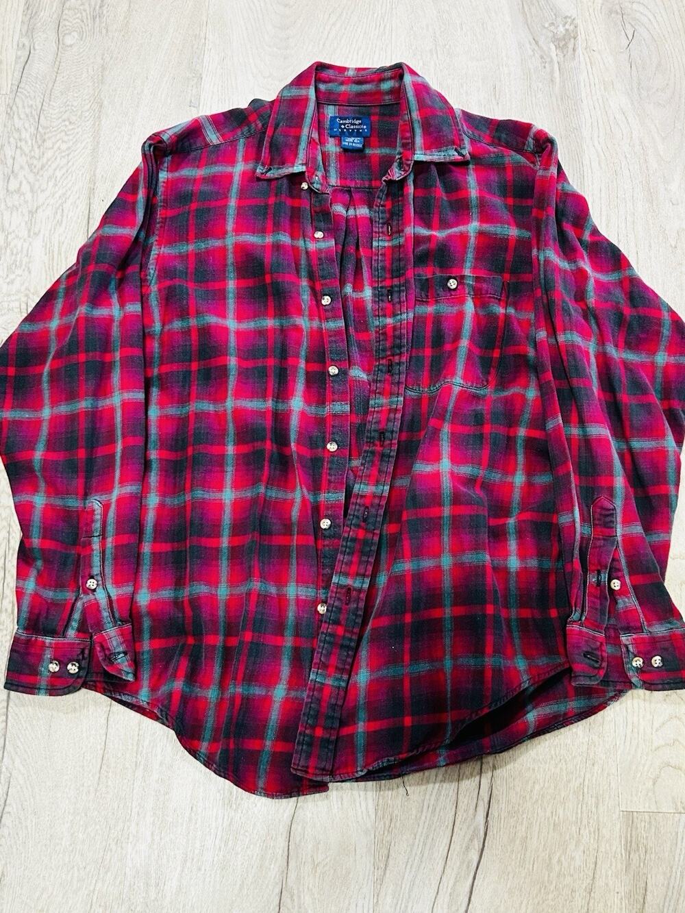 Cambridge Classics Mens L Plaid Flannel Button-Up Shirt Long Sleeve Red Green